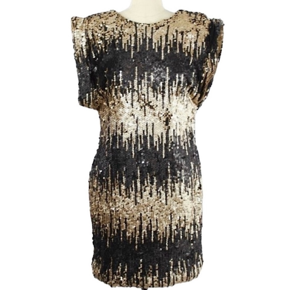 NWT L'atiste Amy Gold & Black Sequin Deep V Back Bodycon Dress Medium Swiftie